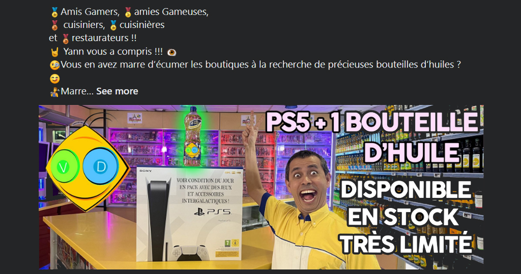 Un magasin de jeux vidéo vend un pack "PS5 + bouteille d'huile" à La Réunion