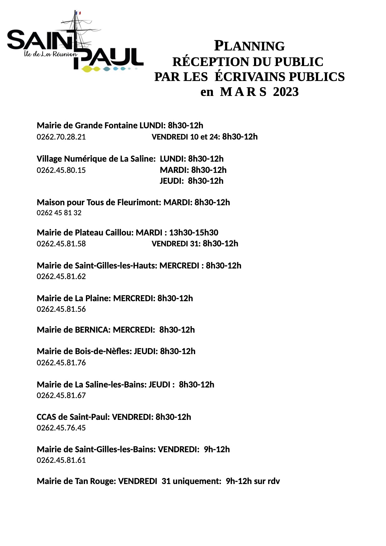 Retrouvez les dates de permanence des écrivains publics de Saint-Paul pour le mois de mars 2023