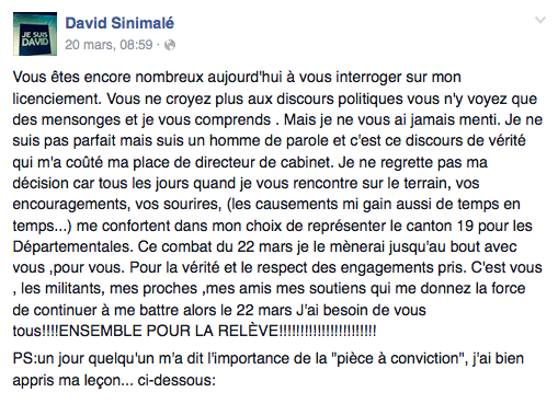 Capture d'écran d'un des posts de David Sinimalé sur sa page Facebook