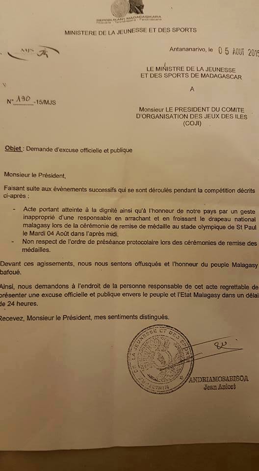 Drapeau arraché par le protocole : Le ministre malgache des Sports exige des excuses
