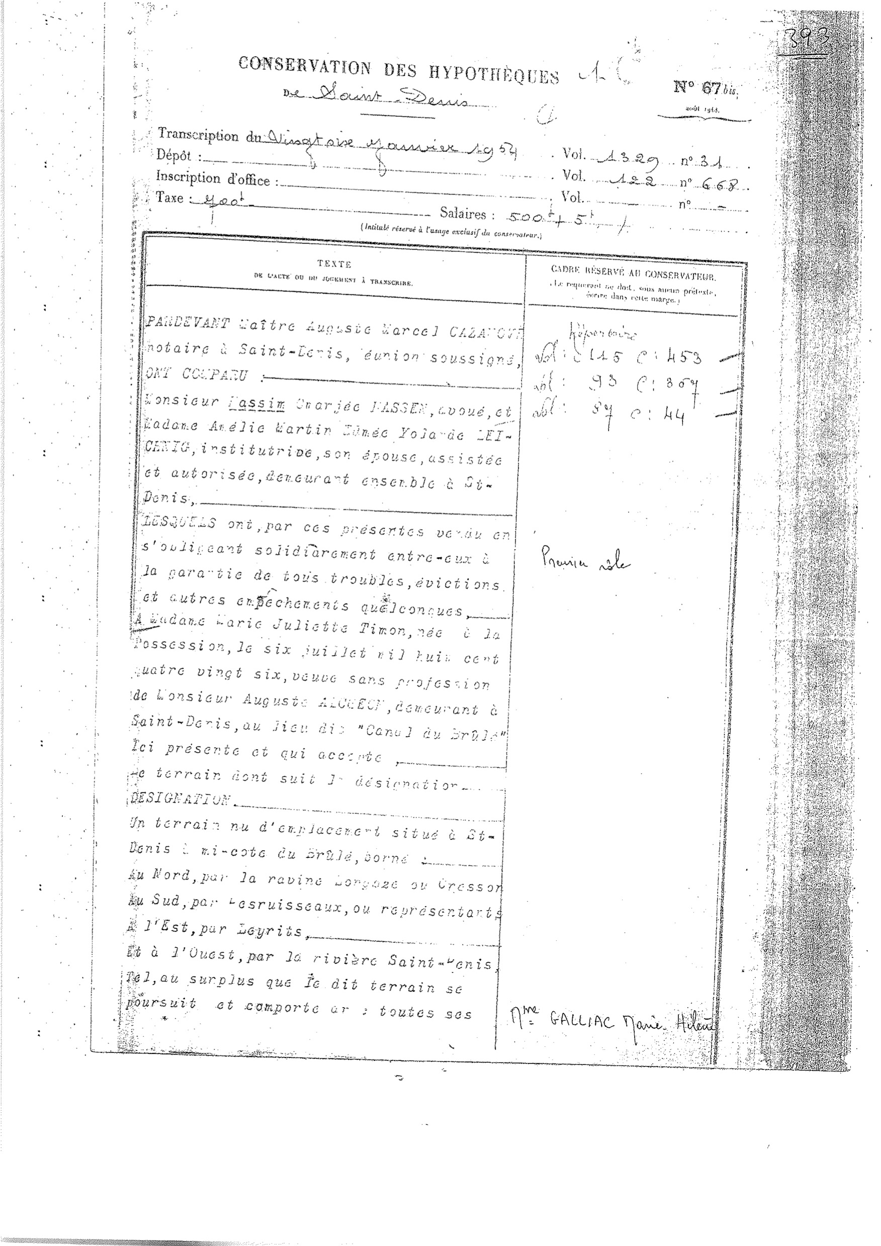 Un extrait du document conservé aux hypothèques et retraçant la propriété de Mme Timon, datant de 1954 !