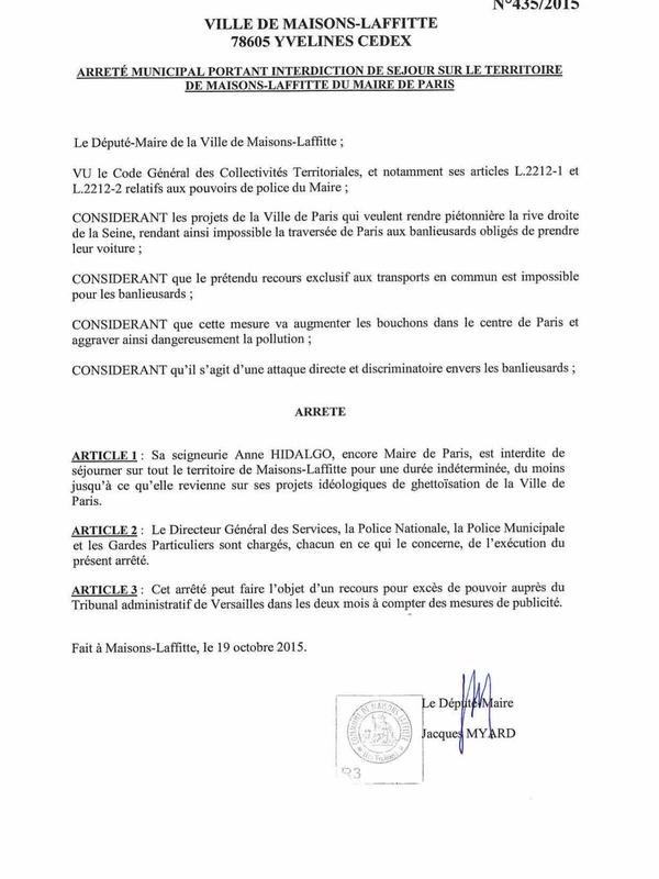 Le maire de Maisons-Laffitte  interdit à Anne Hidalgo par arrêté municipal de séjourner dans sa commune