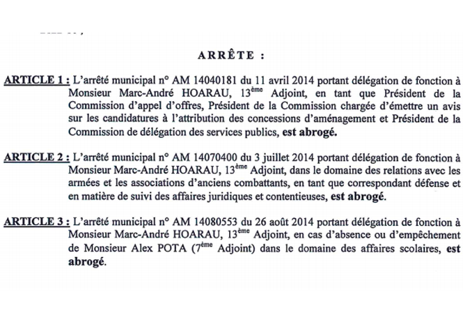 Extrait de l'arrêté de Joseph Sinimalé retirant ses délégations à Marc-André Hoarau