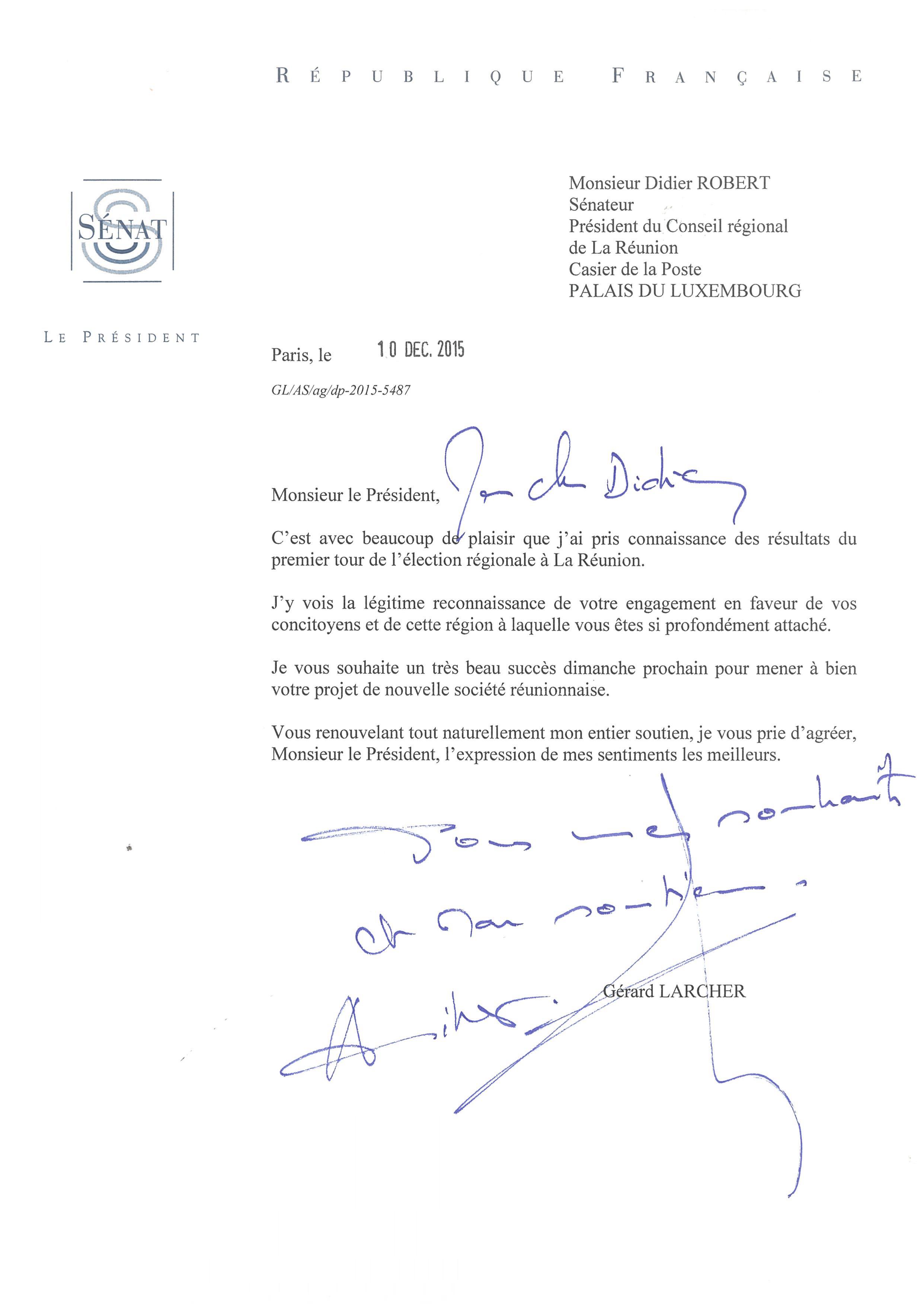 Gérard Larcher, président du Sénat apporte son soutien à Didier Robert