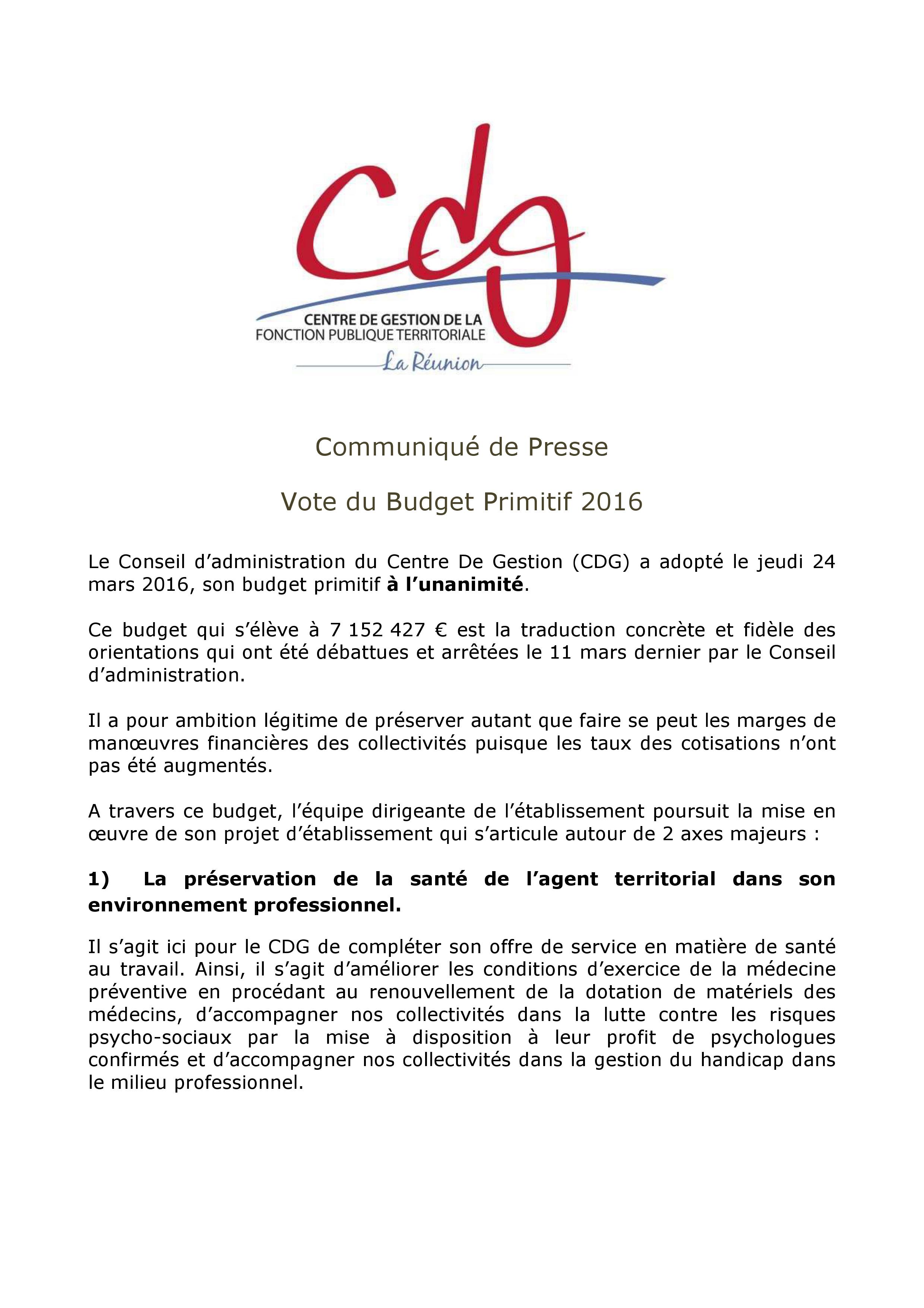 Vote du budget primitif du CDG pour l'année 2016