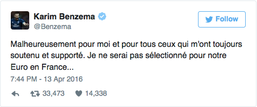 Football : Karim Benzema ne disputera pas l'Euro 2016 avec l'équipe de France