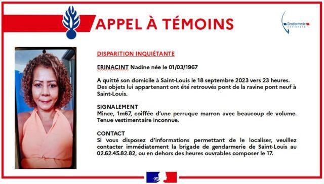Appel à témoins suite à la disparition Nadine Erinacint