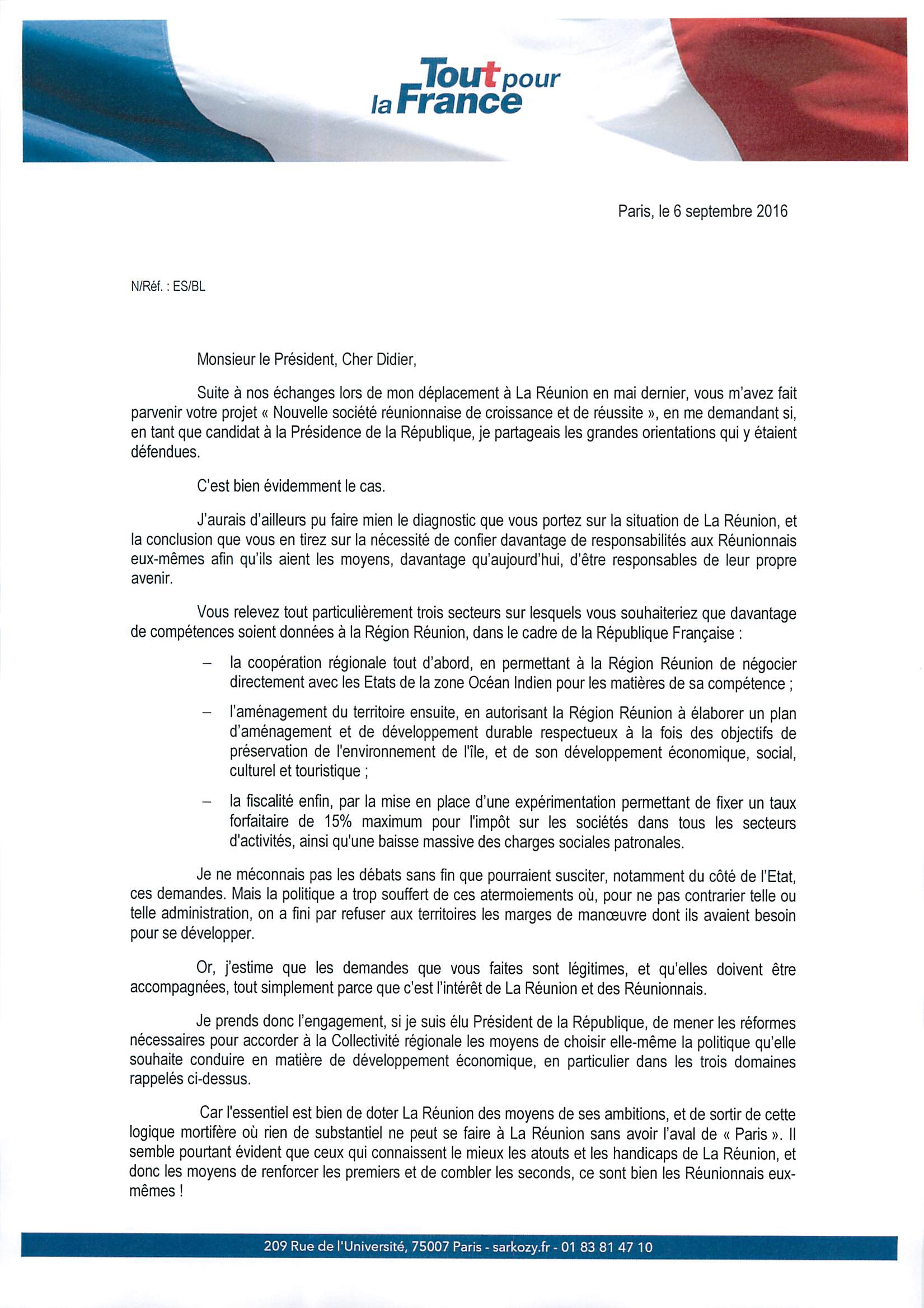 N.Sarkozy répond à D.Robert: Plus de responsabilités politiques accordées aux Réunionnais