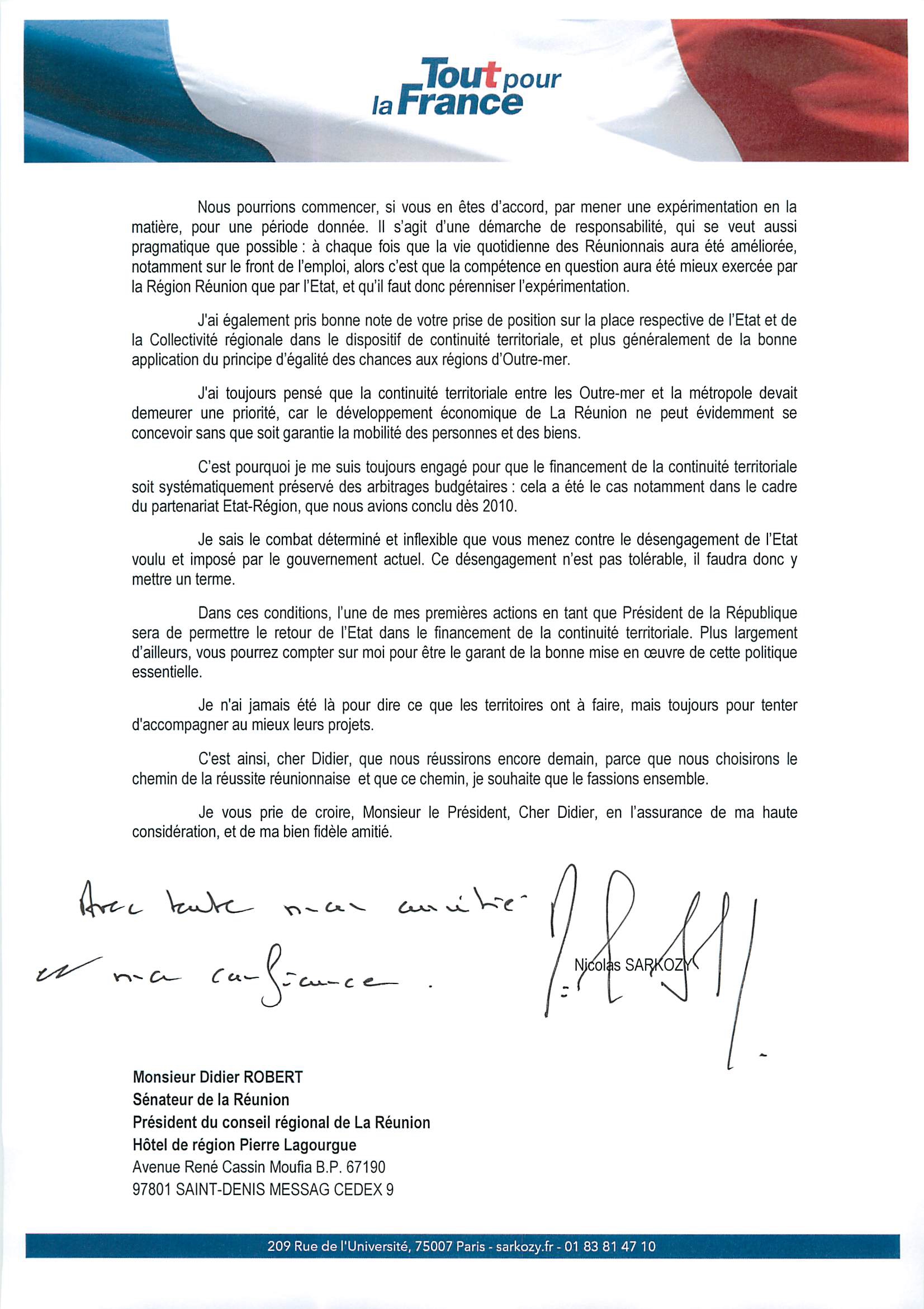 N.Sarkozy répond à D.Robert: Plus de responsabilités politiques accordées aux Réunionnais