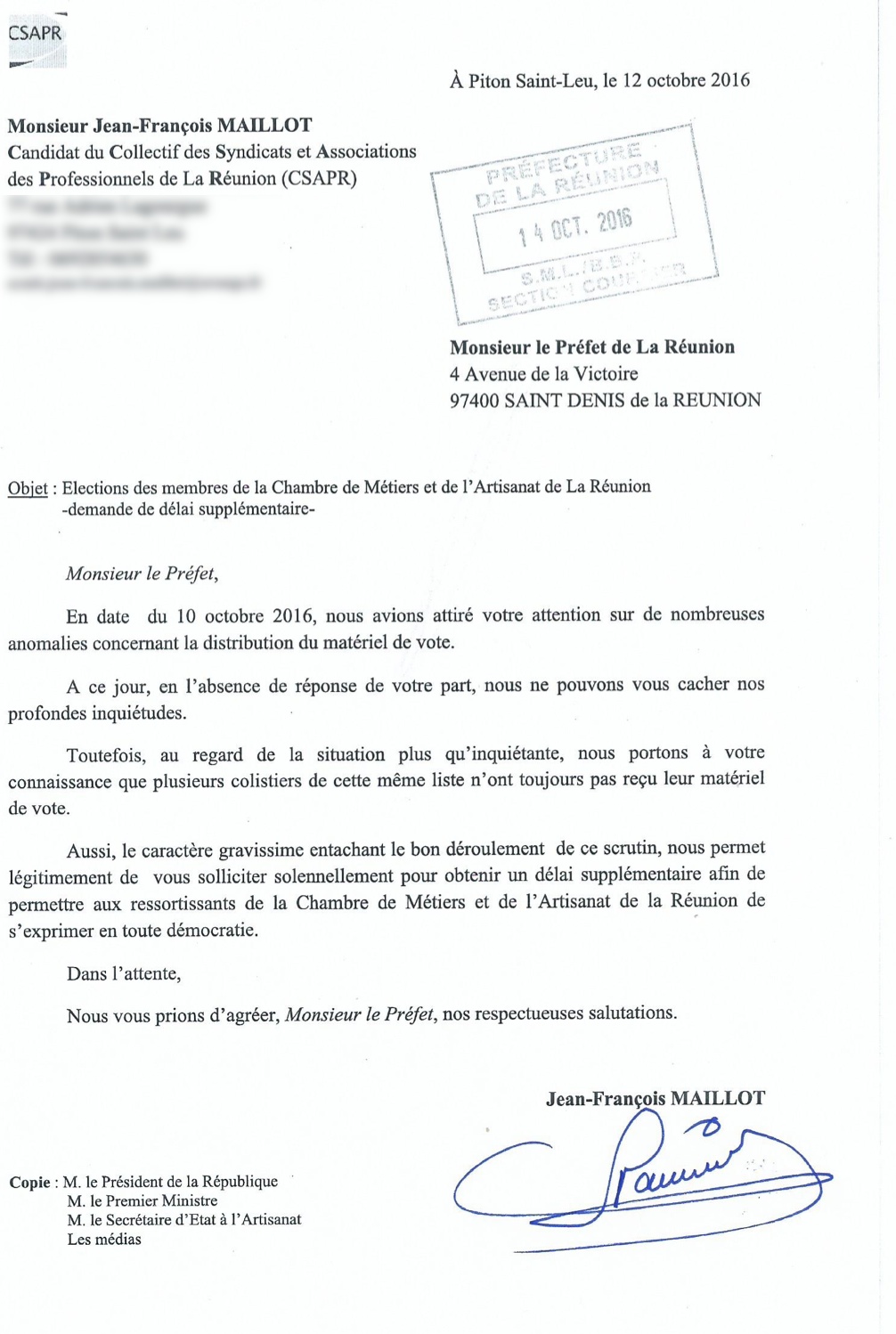 Elections à la CMA: Jean-Francois Maillot du CSAPR demande un délai supplémentaire