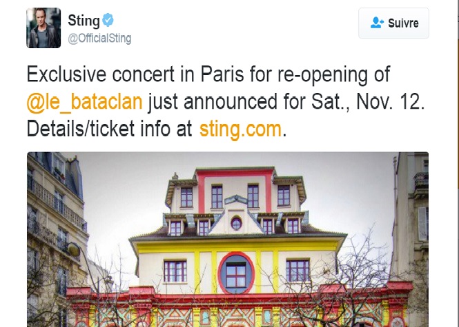 Le Bataclan rouvre ses portes le 12 novembre avec Sting