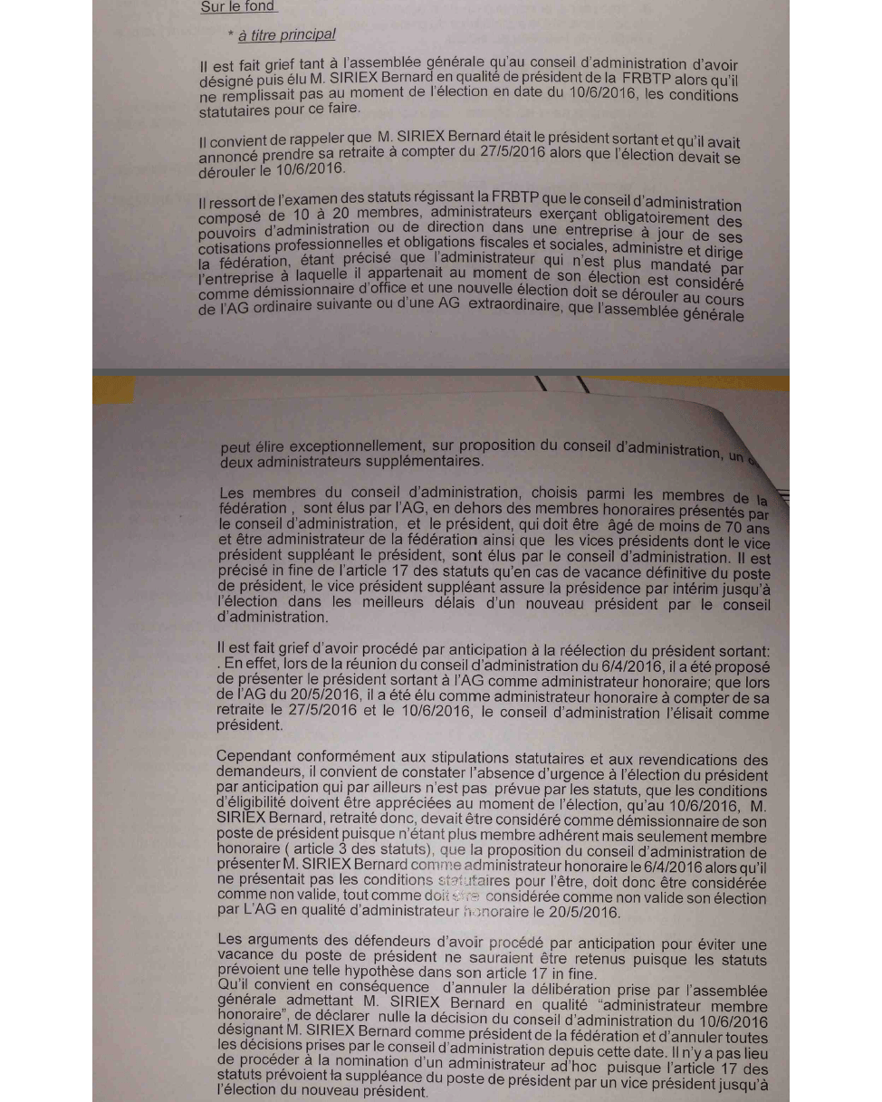 Bernard Siriex n'était pas le légitime président de la FRBTP