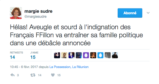 Margie Sudre: “François Fillon n’a même pas la noblesse de se retirer immédiatement“