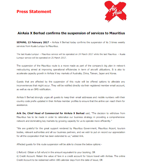 Air Asia ne desservira plus l'île Maurice