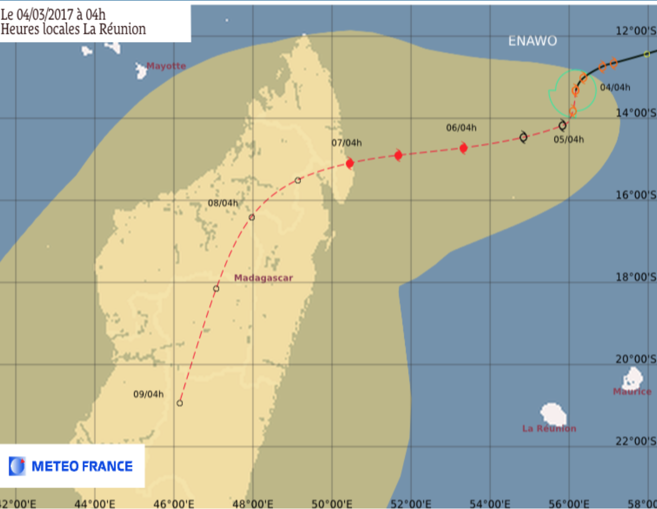 La tempête tropicale modérée Enawo à 840 km de La Réunion