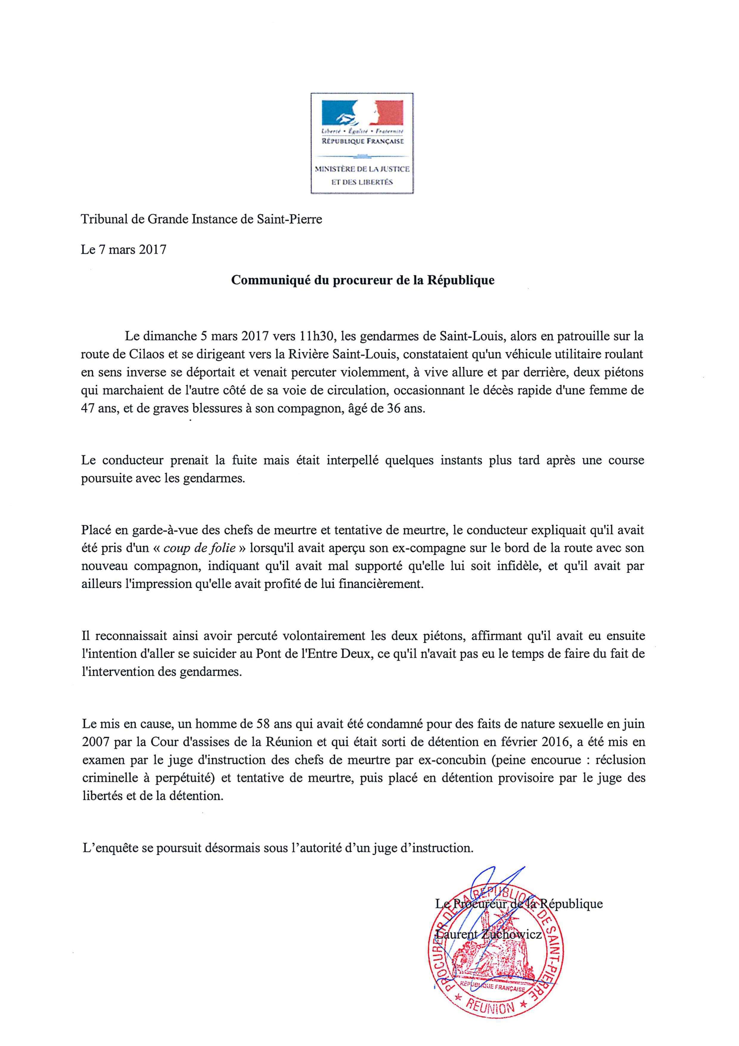 Piétonne tuée à Saint-Louis: L'ex-concubin mis en examen pour meurtre et tentative de meurtre