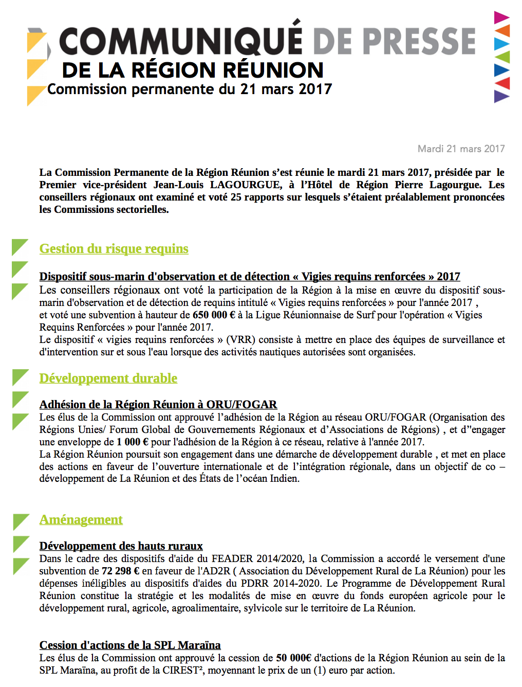 Région Réunion: Une subvention de 650 000 euros pour l'opération