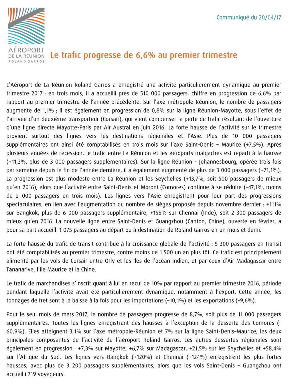 Aéroport Roland Garros: Le trafic progresse de 6,6% au premier trimestre