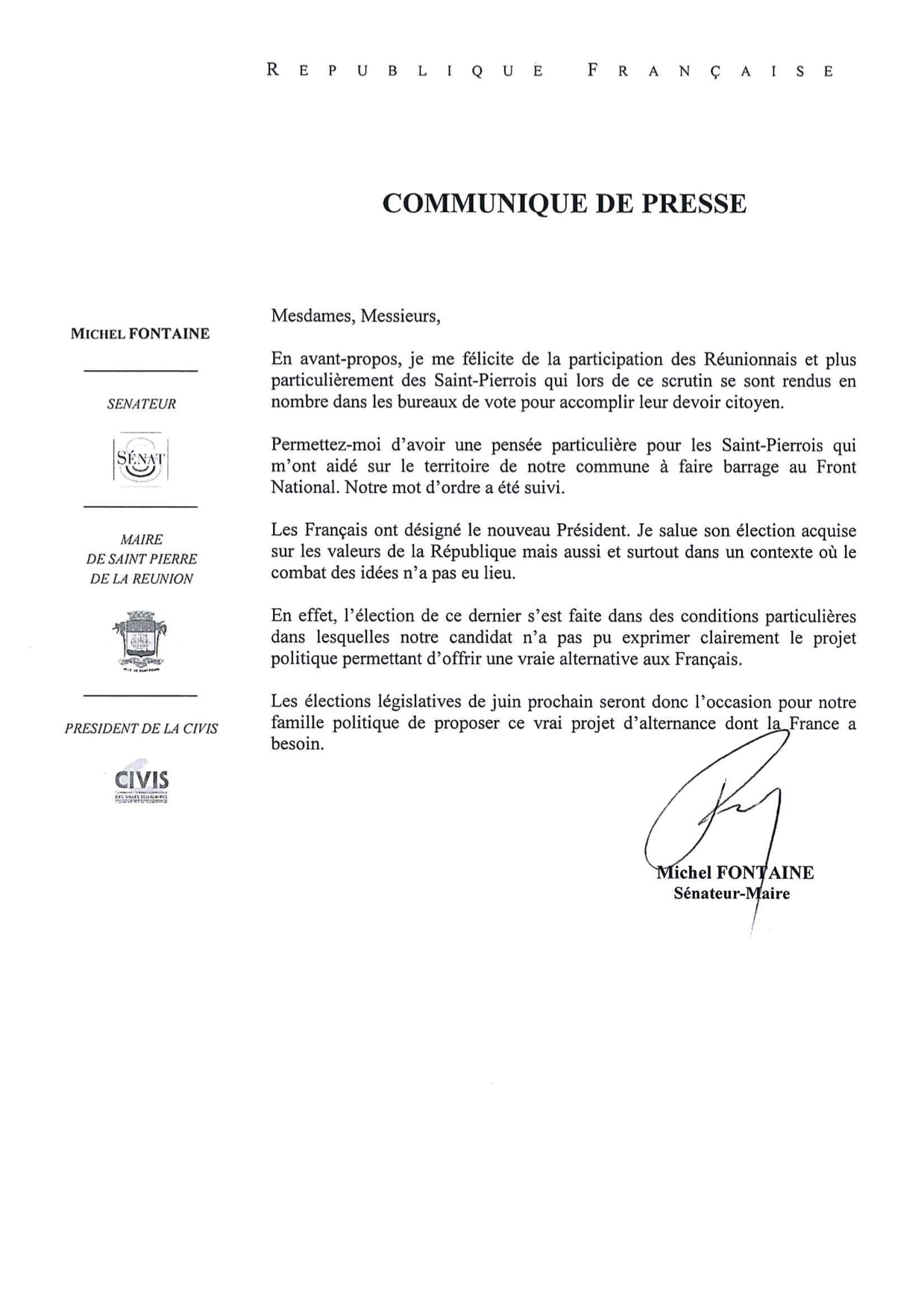 Michel Fontaine salue l'élection d'Emmanuel Macron 