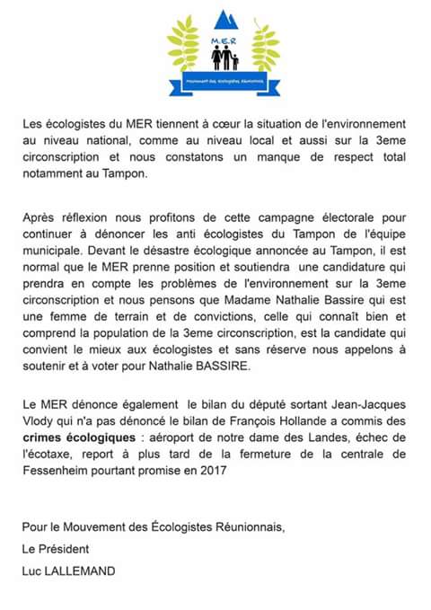 3e circonscription : Le Mouvement des Écologistes Réunionnais roule pour N.Bassire