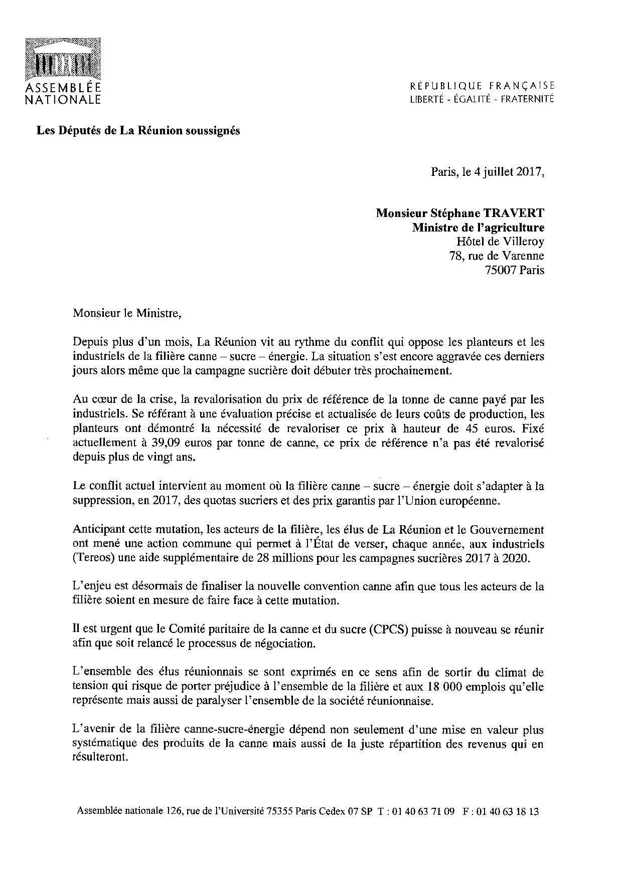 Crise canne: Courrier collectif des députés de La Réunion