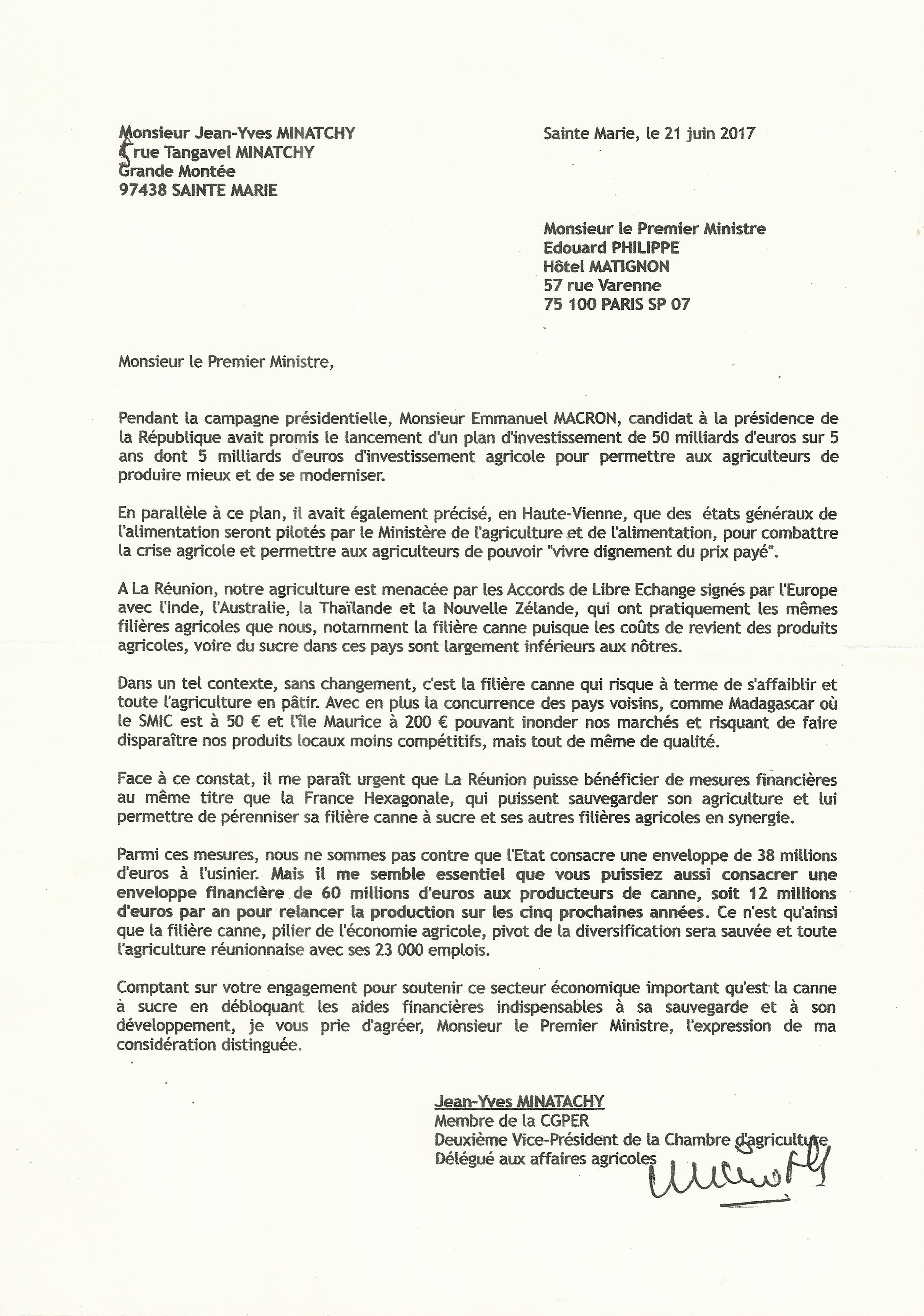Crise canne : Jean-Yves Minatchy interpelle le premier ministre