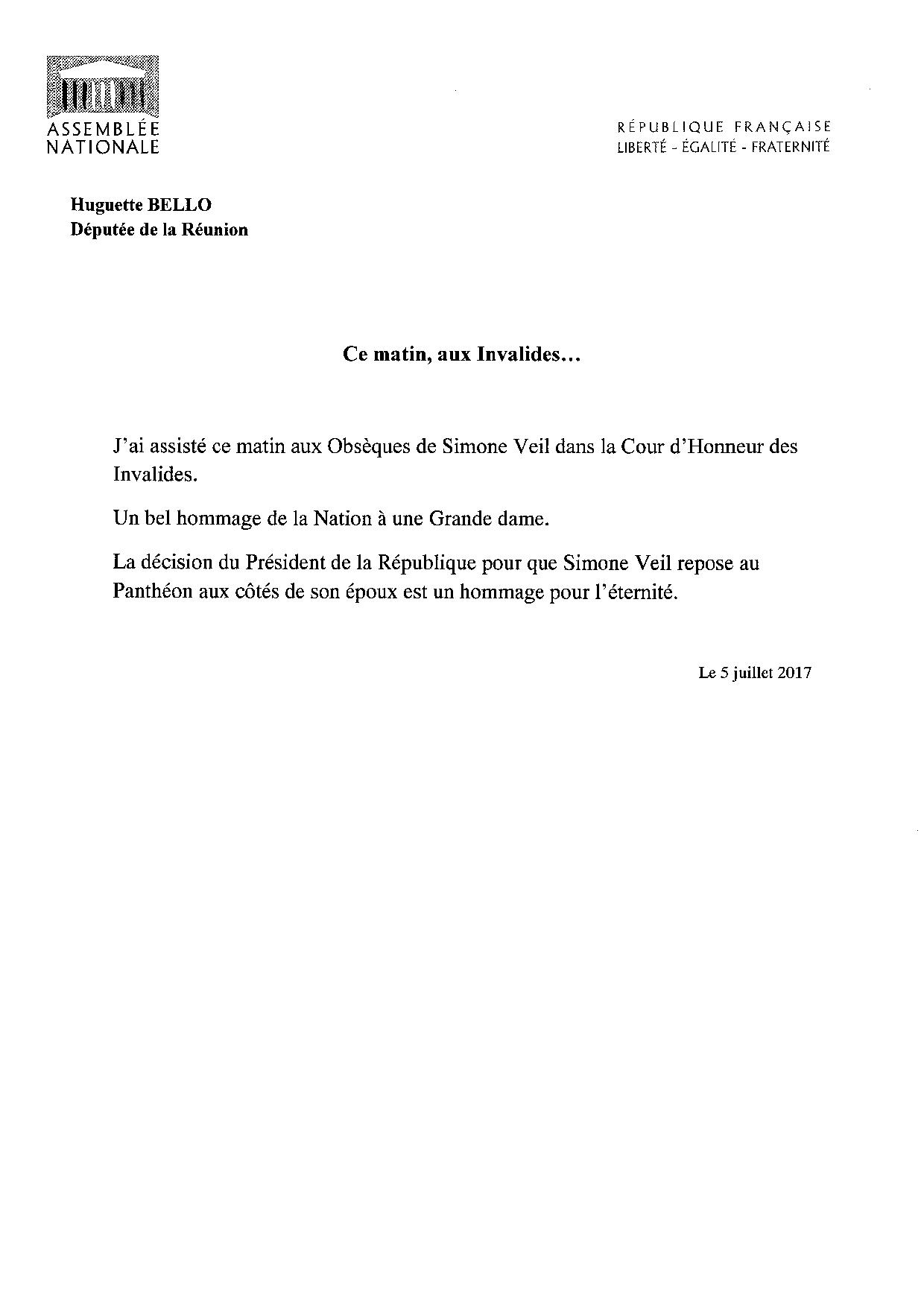 Huguette Bello aux obsèques de Simone Veil: 