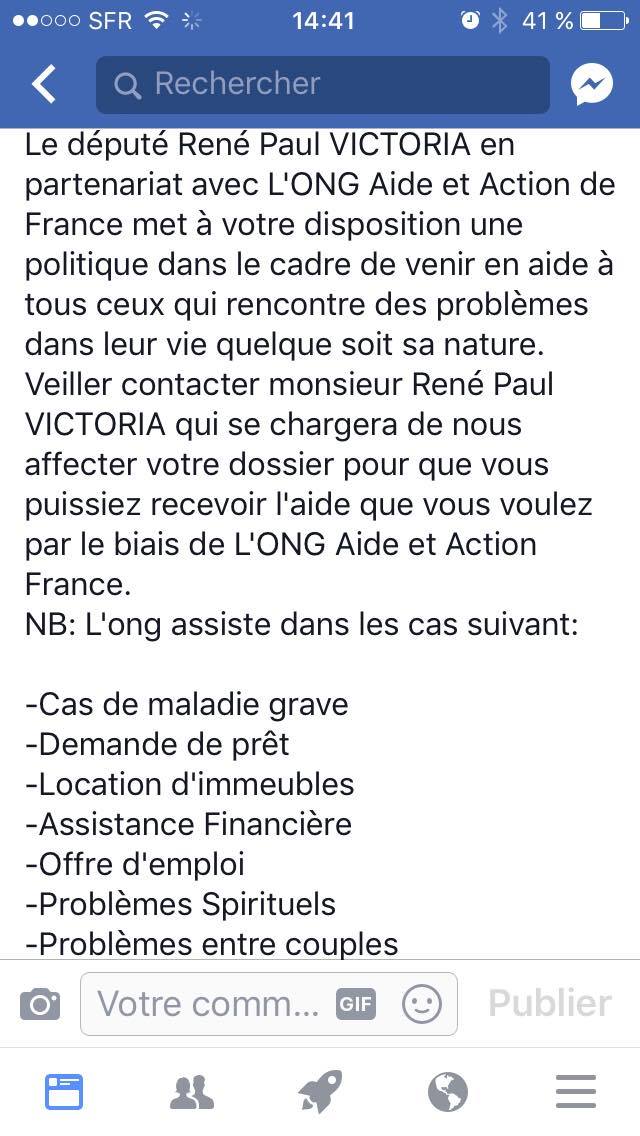 Un faux compte Facebook de René-Paul Victoria essaie d'escroquer les internautes