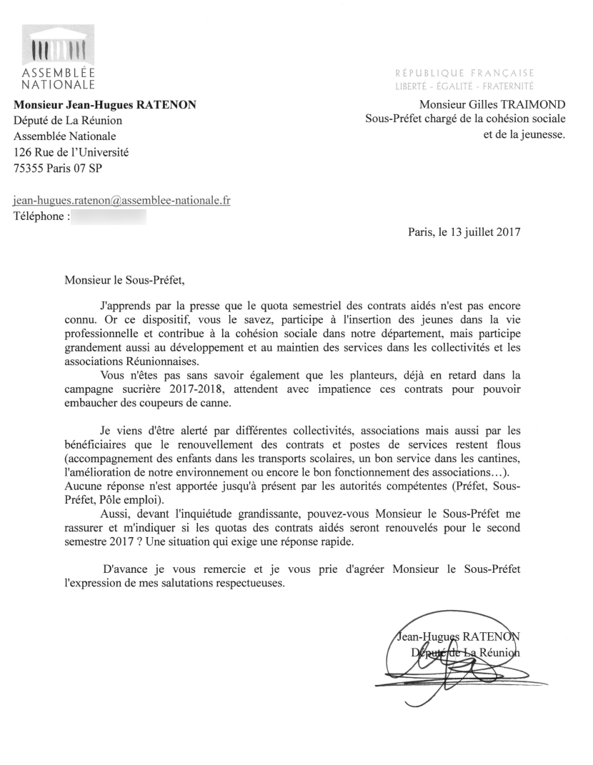 Jean-Hugues Ratenon interpelle la Préfecture sur le renouvellement des contrats aidés