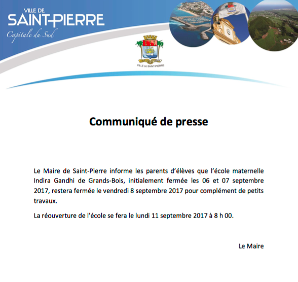 St-Pierre: L'école Indira Gandhi fermée jusqu'à vendredi