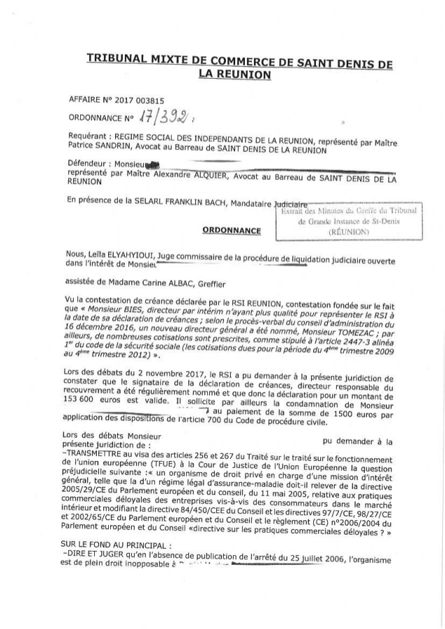 Tribunal de commerce: Un assuré gagne contre le RSI