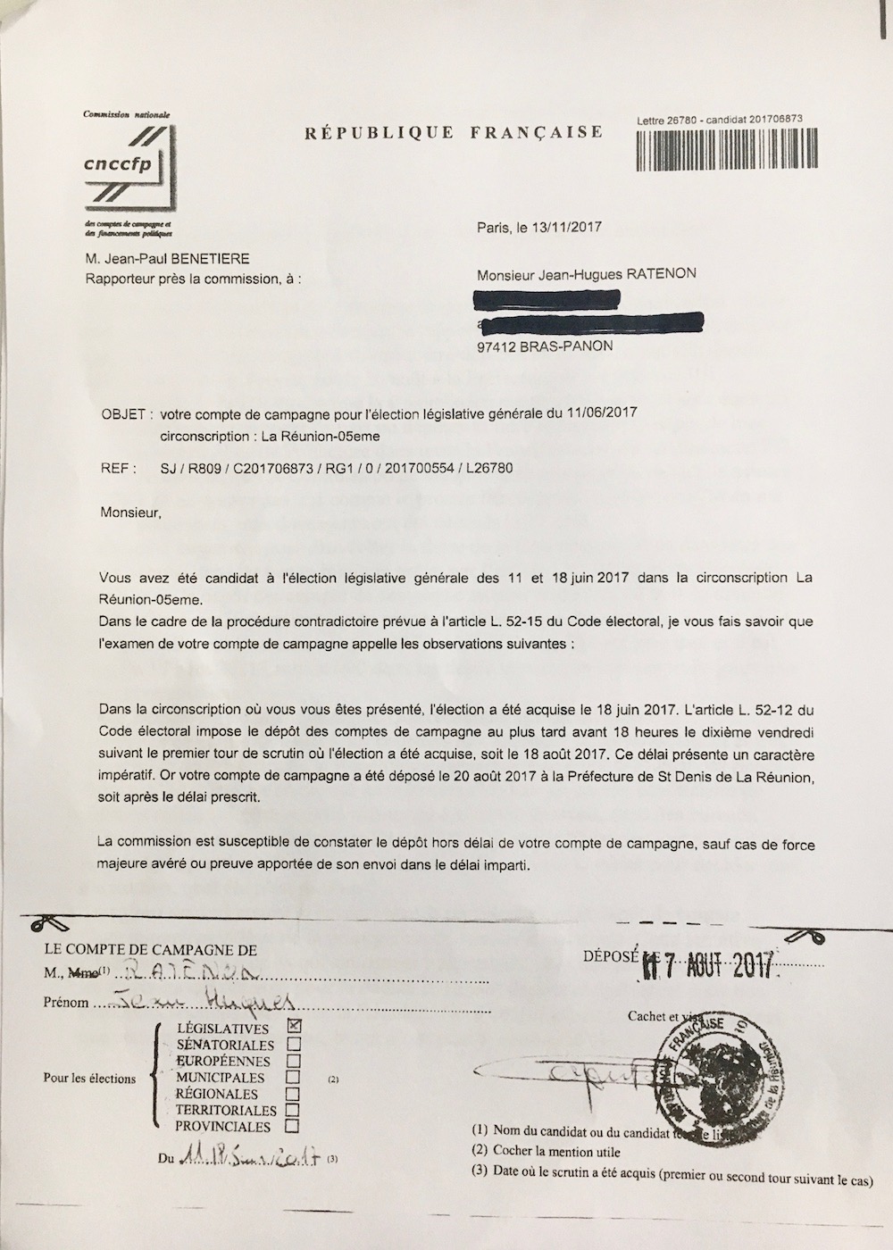 Risque d’annulation de l’élection de J.H Ratenon: Le mandataire affirme avoir déposé les comptes à temps