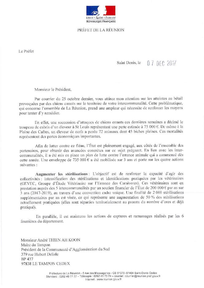 Errance animale et louveterie: Le courrier du préfet à André Thien Ah Koon