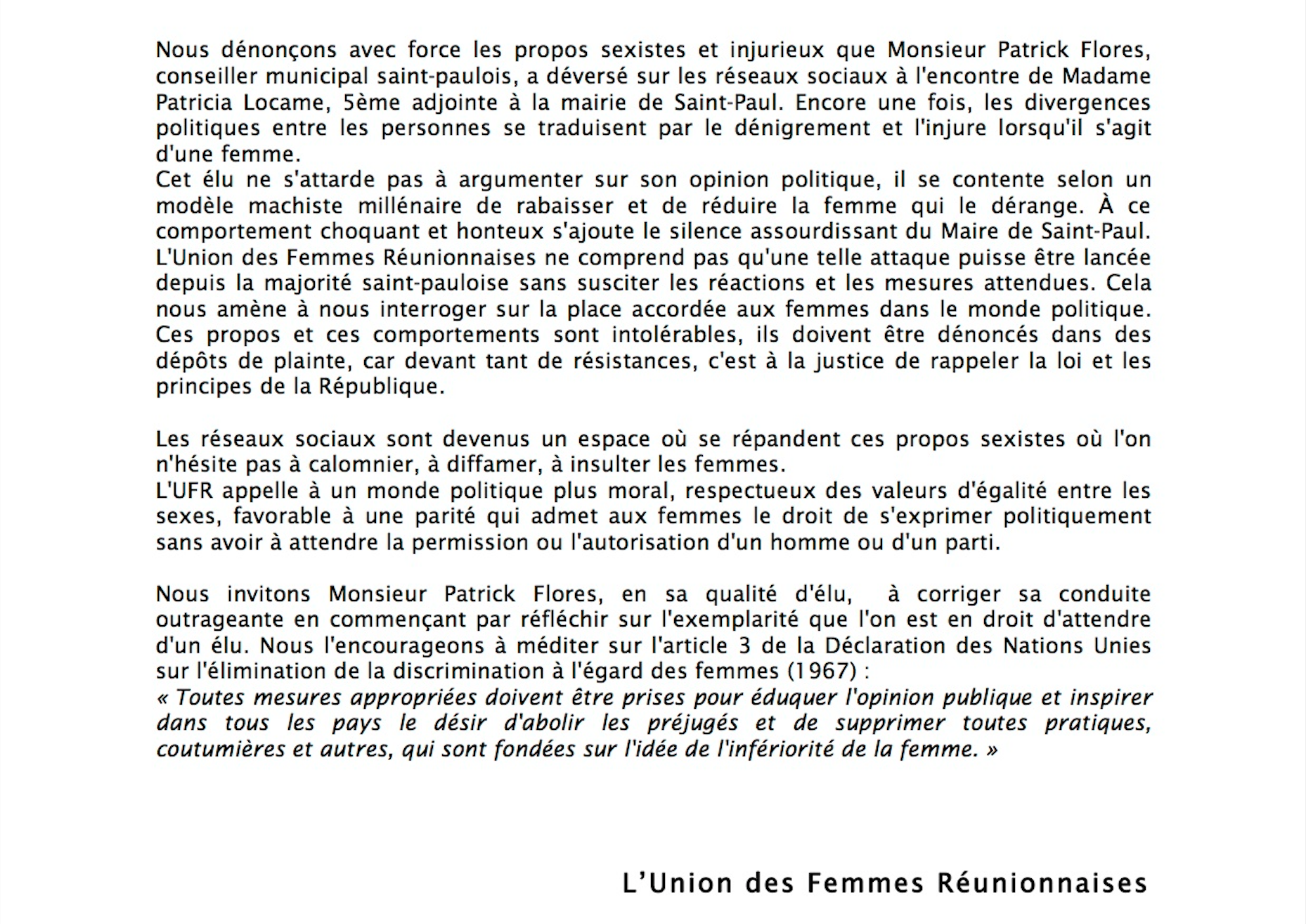 L'UFR apporte son soutien à Patricia Locame