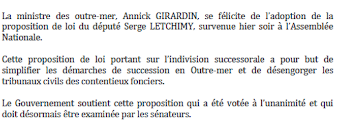 Annick Girardin se félicite de l'adoption de la proposition de loi sur l'indivision successorale