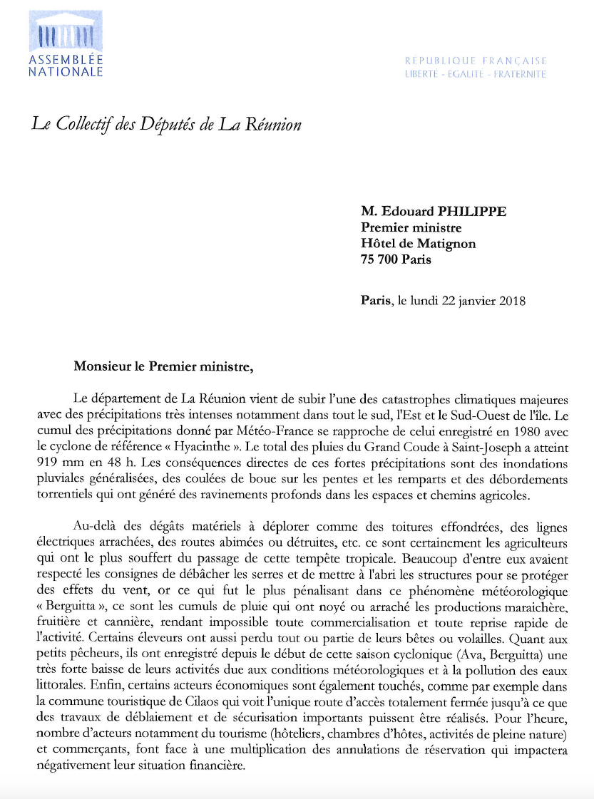 Les députés de l'île demandent à Édouard Philippe d'accélérer les indemnisations des sinistrés de Berguitta