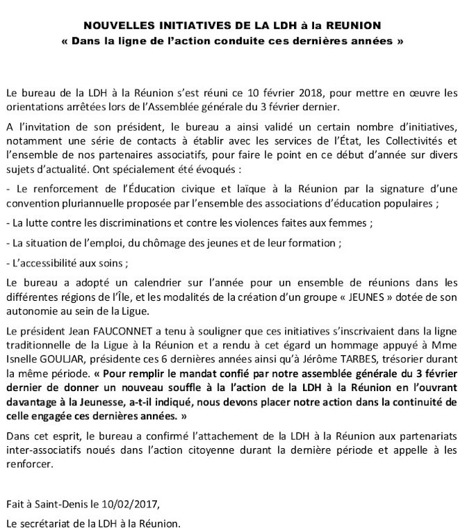 Nouvelles initiatives de la LDH à La Réunion
