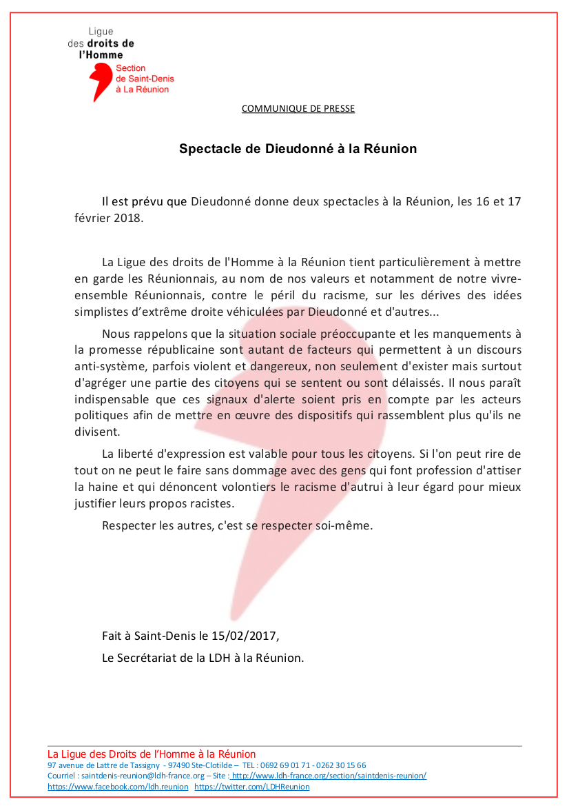 Dieudonné à La Réunion : La LDH alerte les Réunionnais