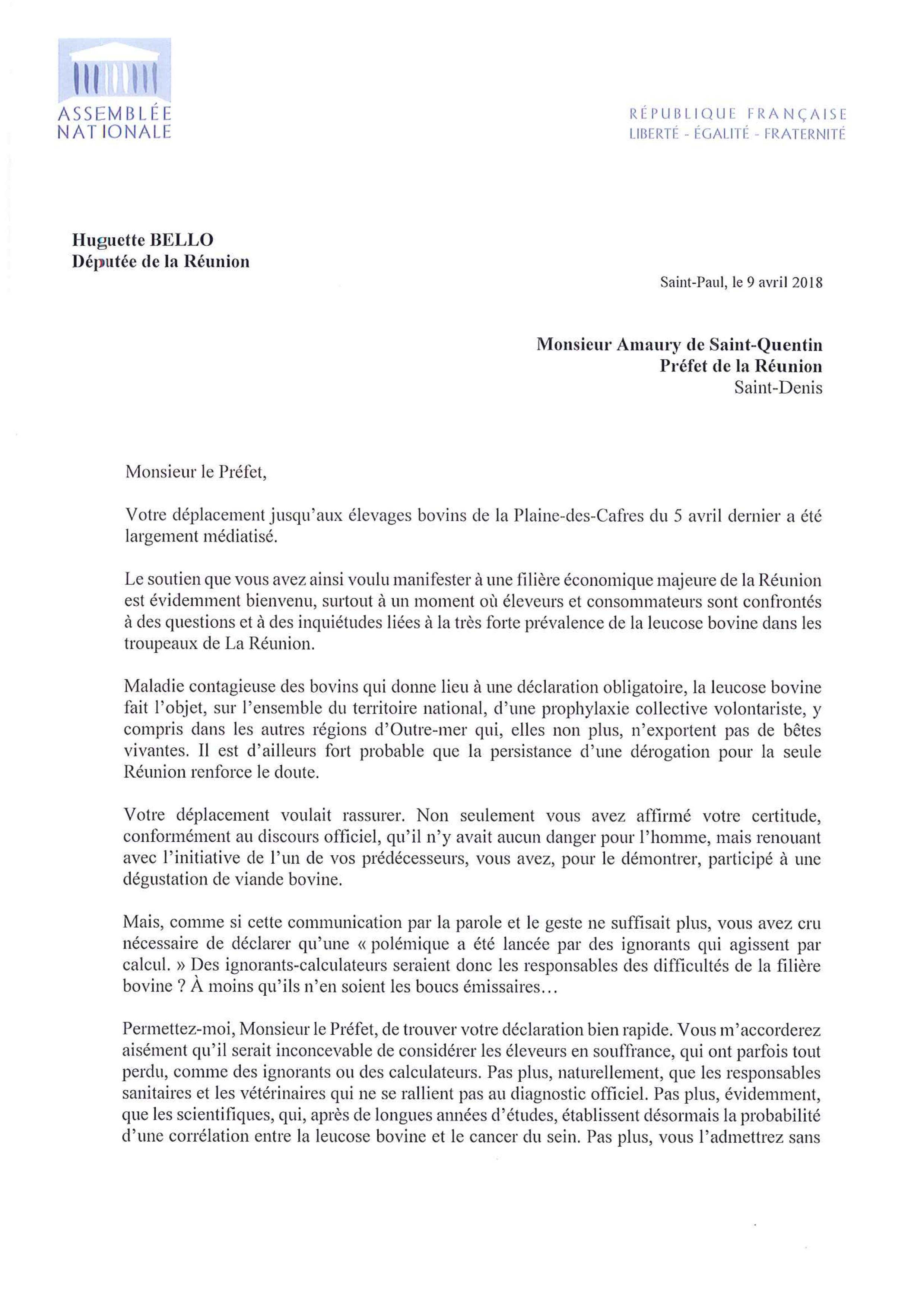 Leucose bovine : Huguette Bello demande des explications au préfet