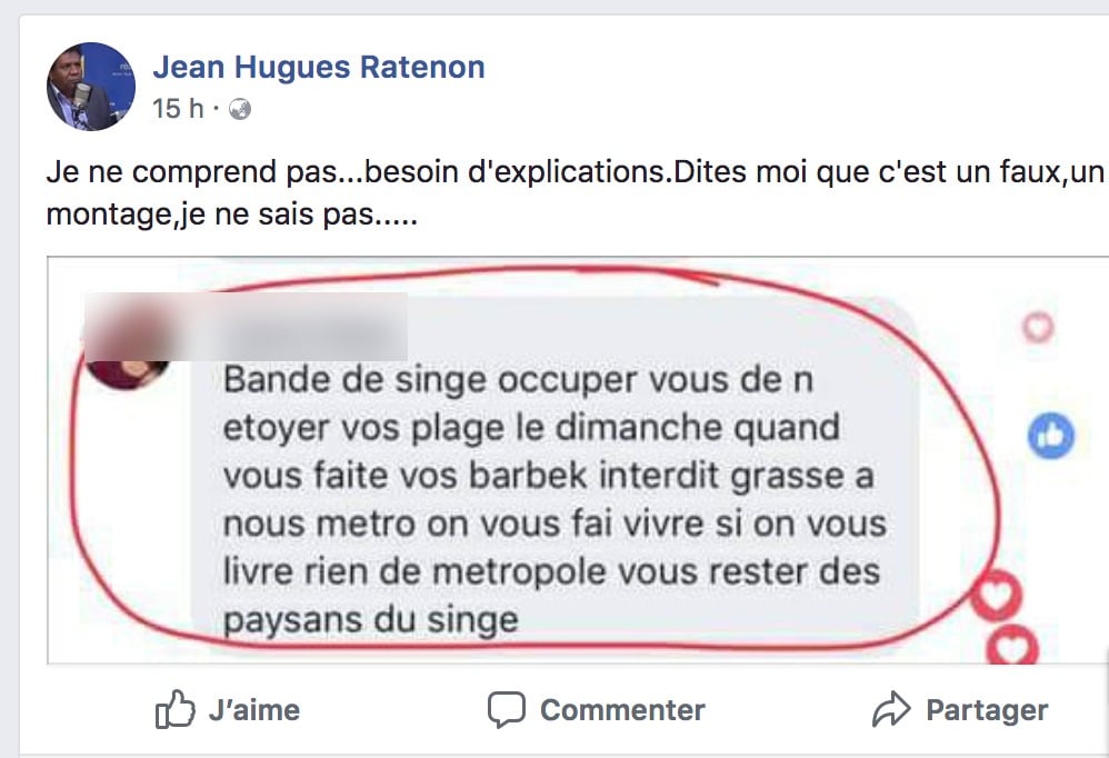 Paillotes: Ratenon porte plainte contre un commentaire raciste