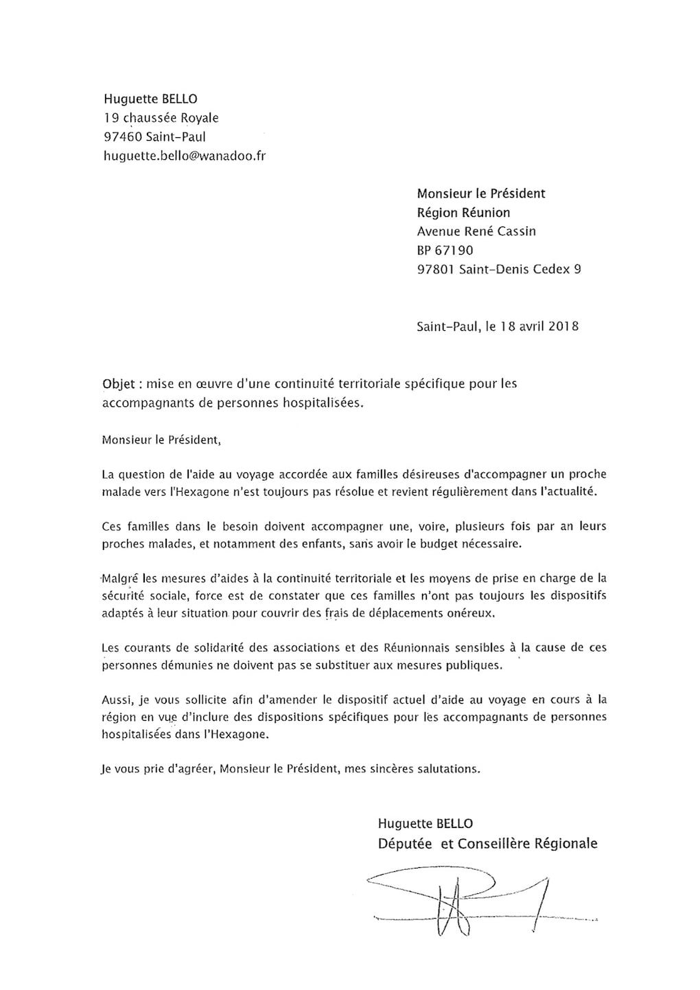 Huguette Bello demande à Didier Robert des aides au voyage pour les accompagnants de malades