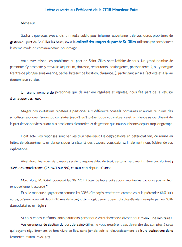 Les usagers du port de St-Gilles réfutent l'argument des impayés quant au délabrement des lieux