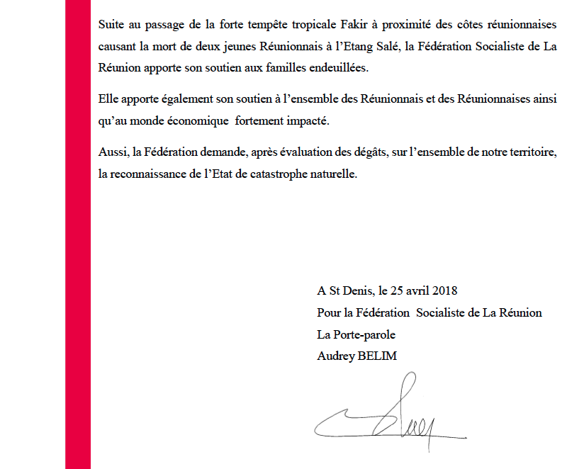 La fédération socialiste demande la reconnaissance de l'état de catastrophe naturelle