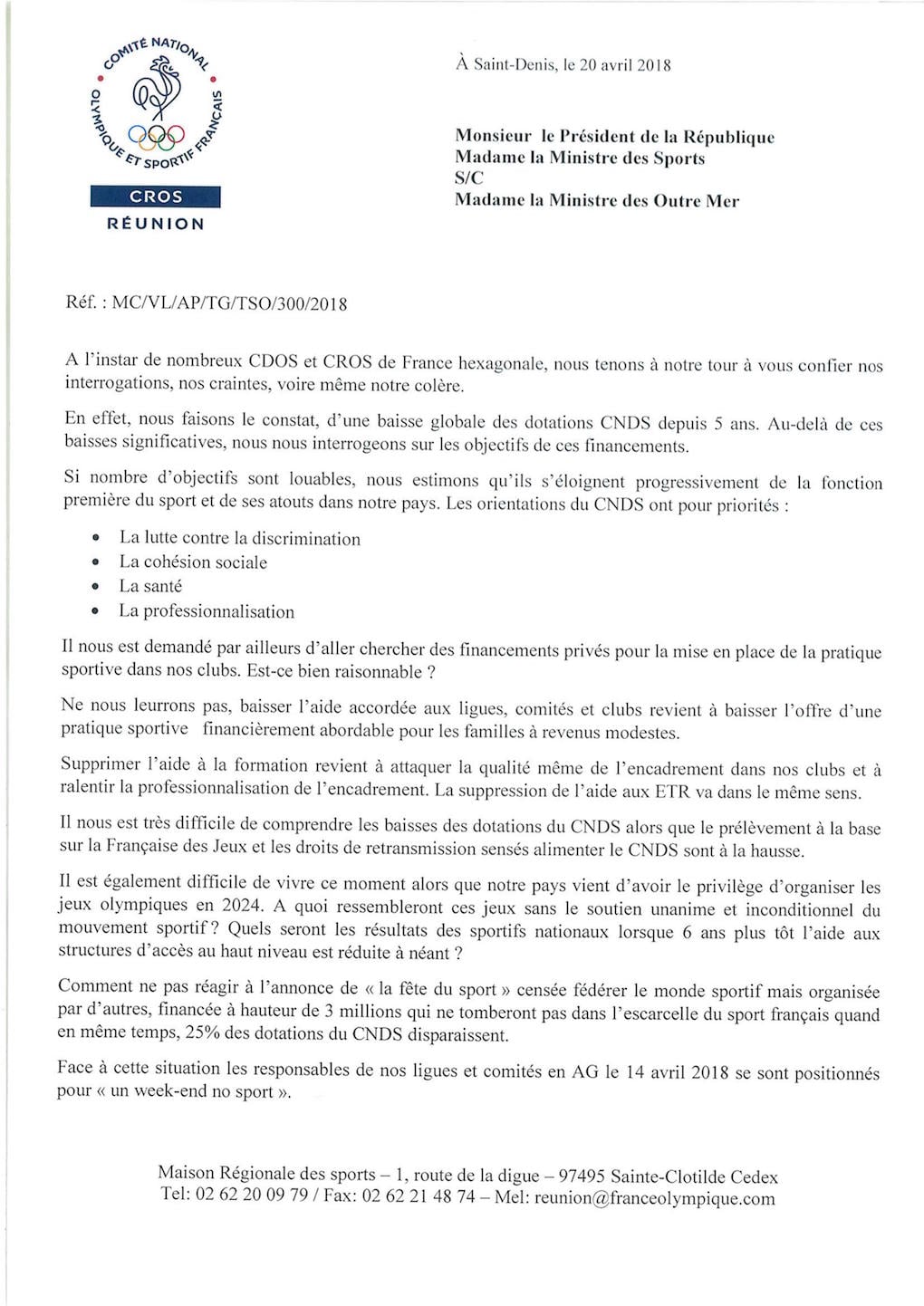 Le CROS Réunion interpelle le président de la République et ses ministres