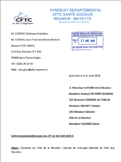 CHU Sud Réunion: Une lettre adressée au Préfet