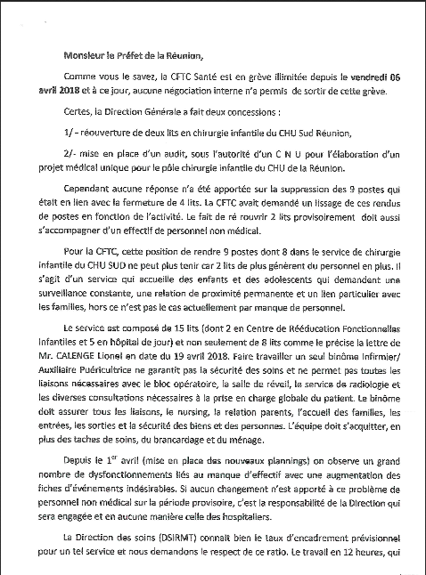 CHU Sud Réunion: Une lettre adressée au Préfet