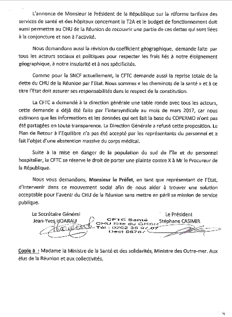 CHU Sud Réunion: Une lettre adressée au Préfet