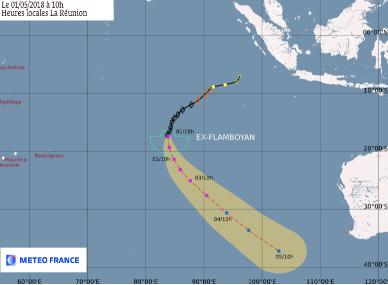 Ex-Flamboyan baisse en intensité à 2980 km de La Réunion