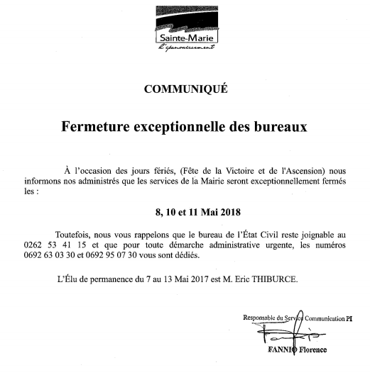 Ste-Marie: Les services de la mairie fermé les 8, 10 et 11 mai