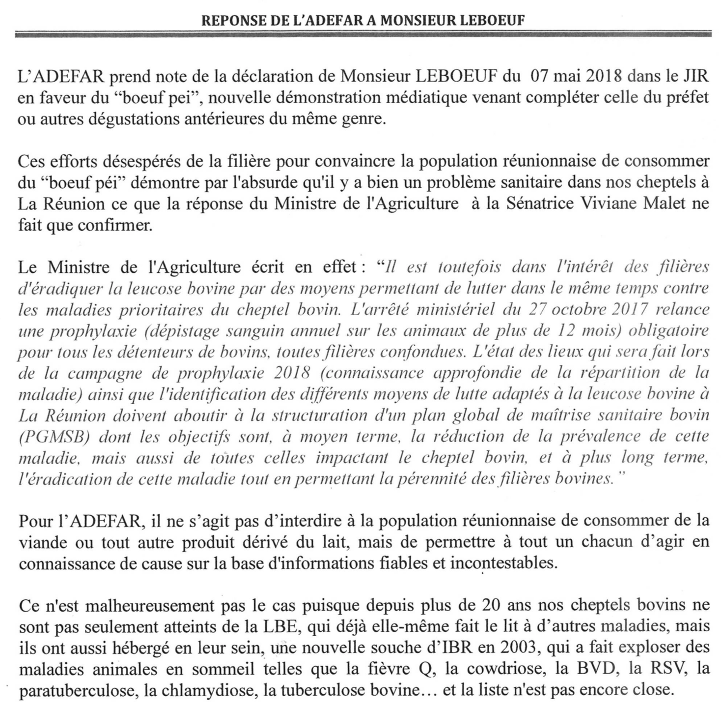 Réponse de l'ADEFAR à M.Leboeuf